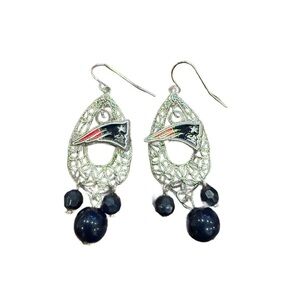 New England Patriots Silver and Blue Beaded Dangle Earrings